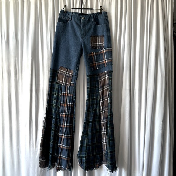 Dolls Kill Blue Plaid Patchwork Flare Pants - Picture 10 of 12